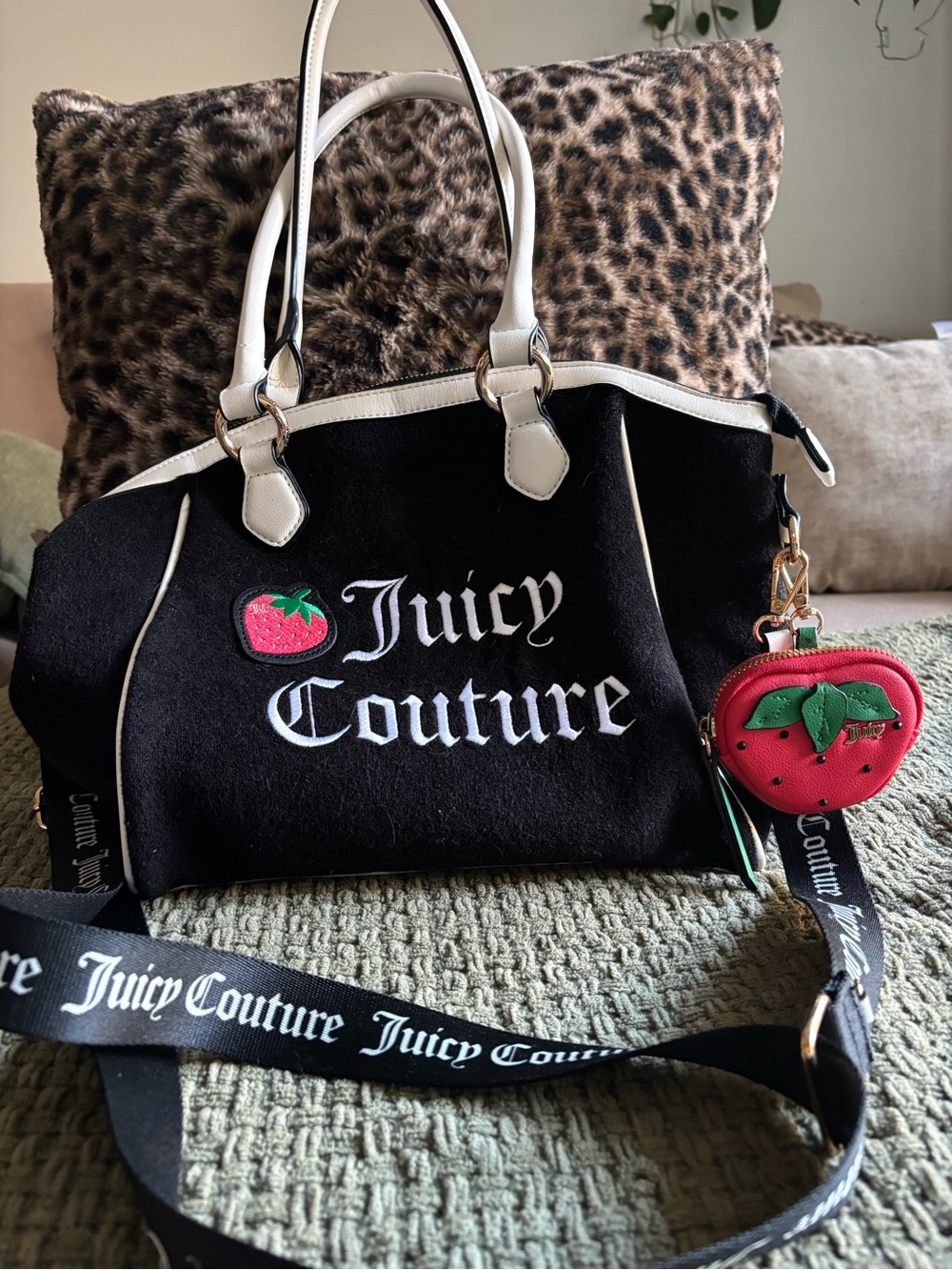 Juicy Couture Black & White Satchel with Strawberry Charm